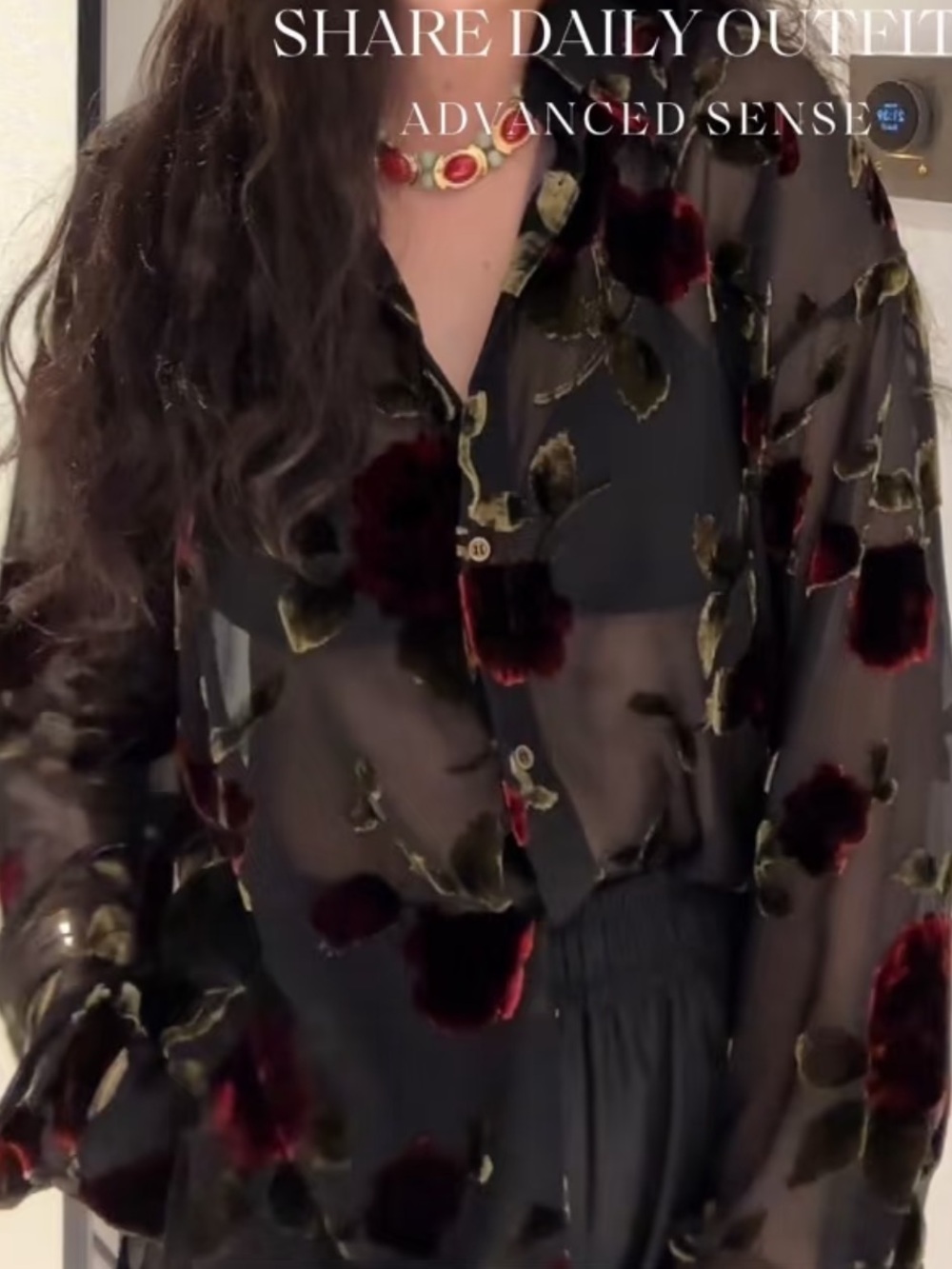 Sheer Black Button-Down Blouse with Deep Red Velvet Floral Accents